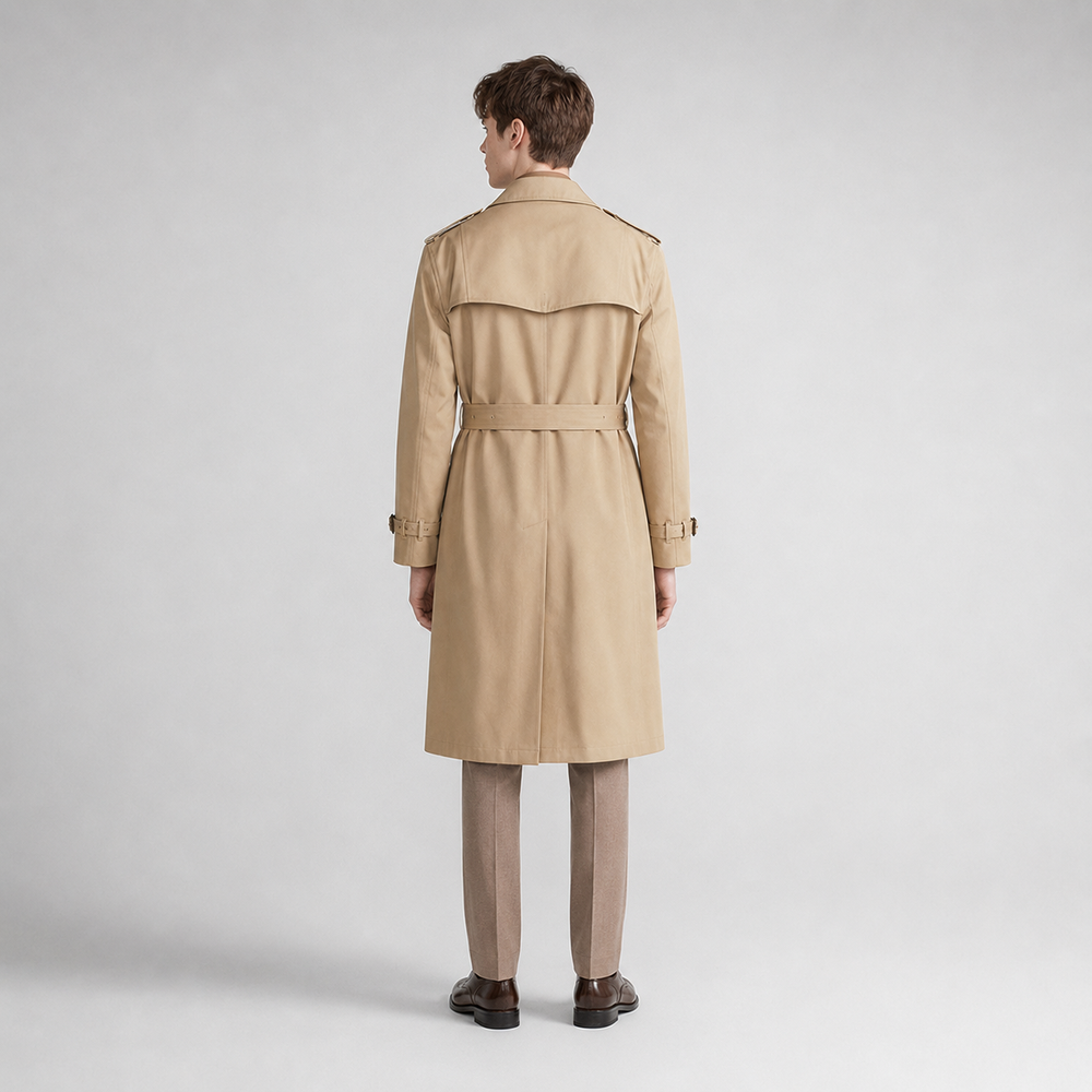 Men's long belted double-breasted trench coat