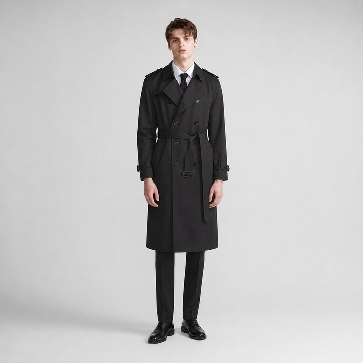 Men's black long belted double-breasted trench coat