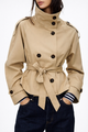 Women's beige belted trench coat with high collar