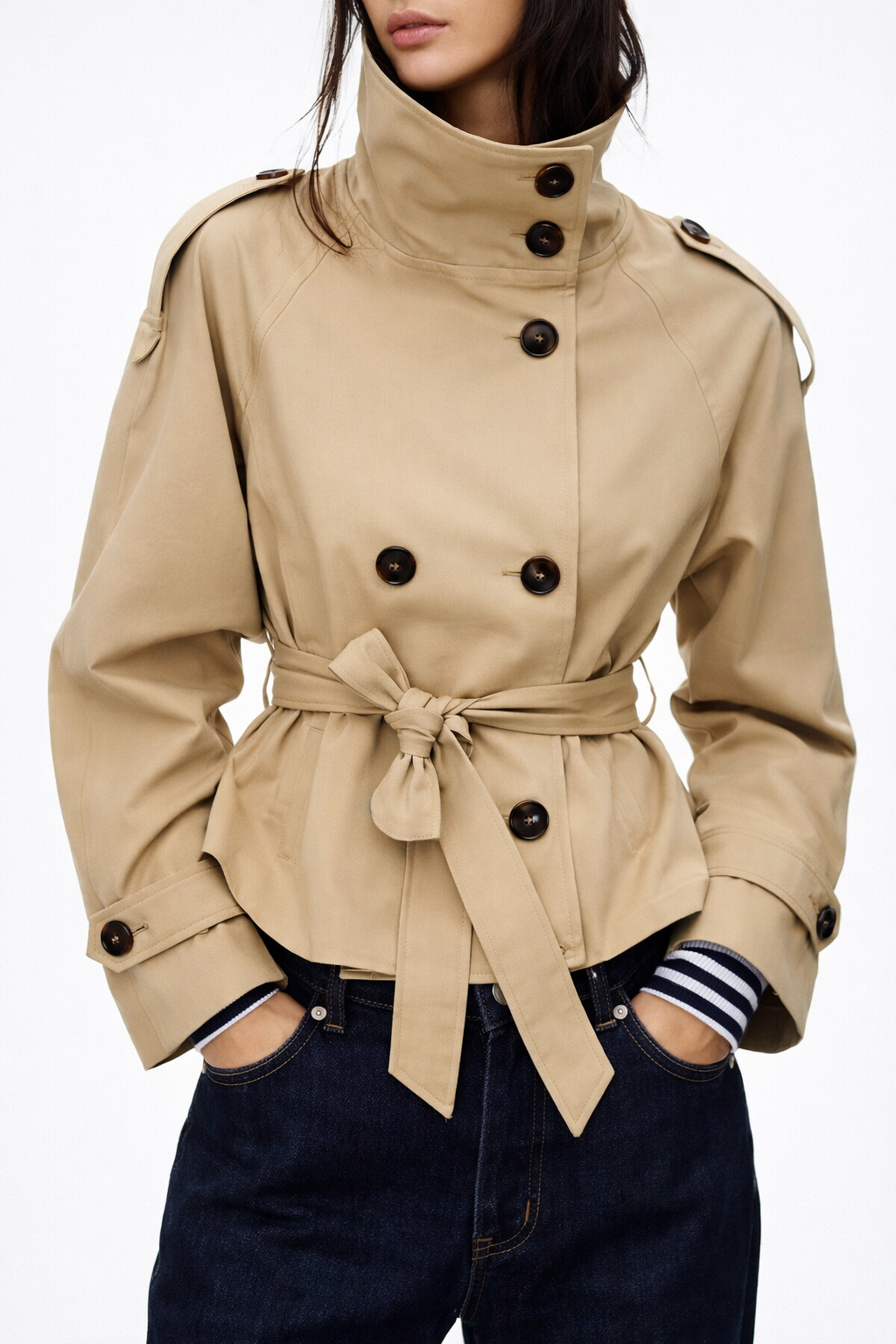 Women's beige belted trench coat with high collar