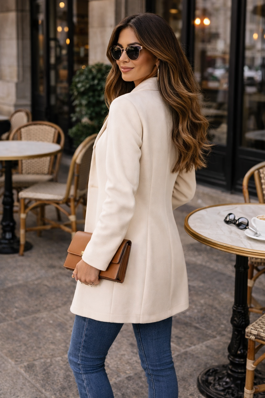 Women's slim-fit long coat with high neckline and covered buttons