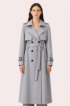 Women's belted double-breasted trench coat with long sleeves and lapel collar