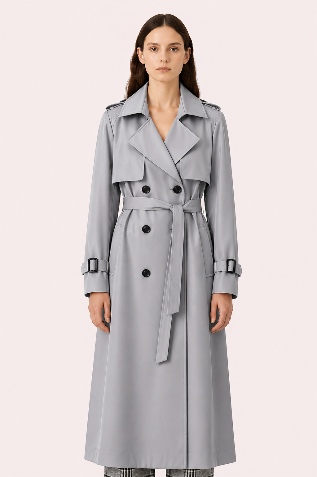 Women's belted double-breasted trench coat with long sleeves and lapel collar