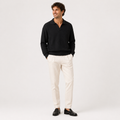 Men's textured knit polo sweater with open V-neck collar and long sleeves