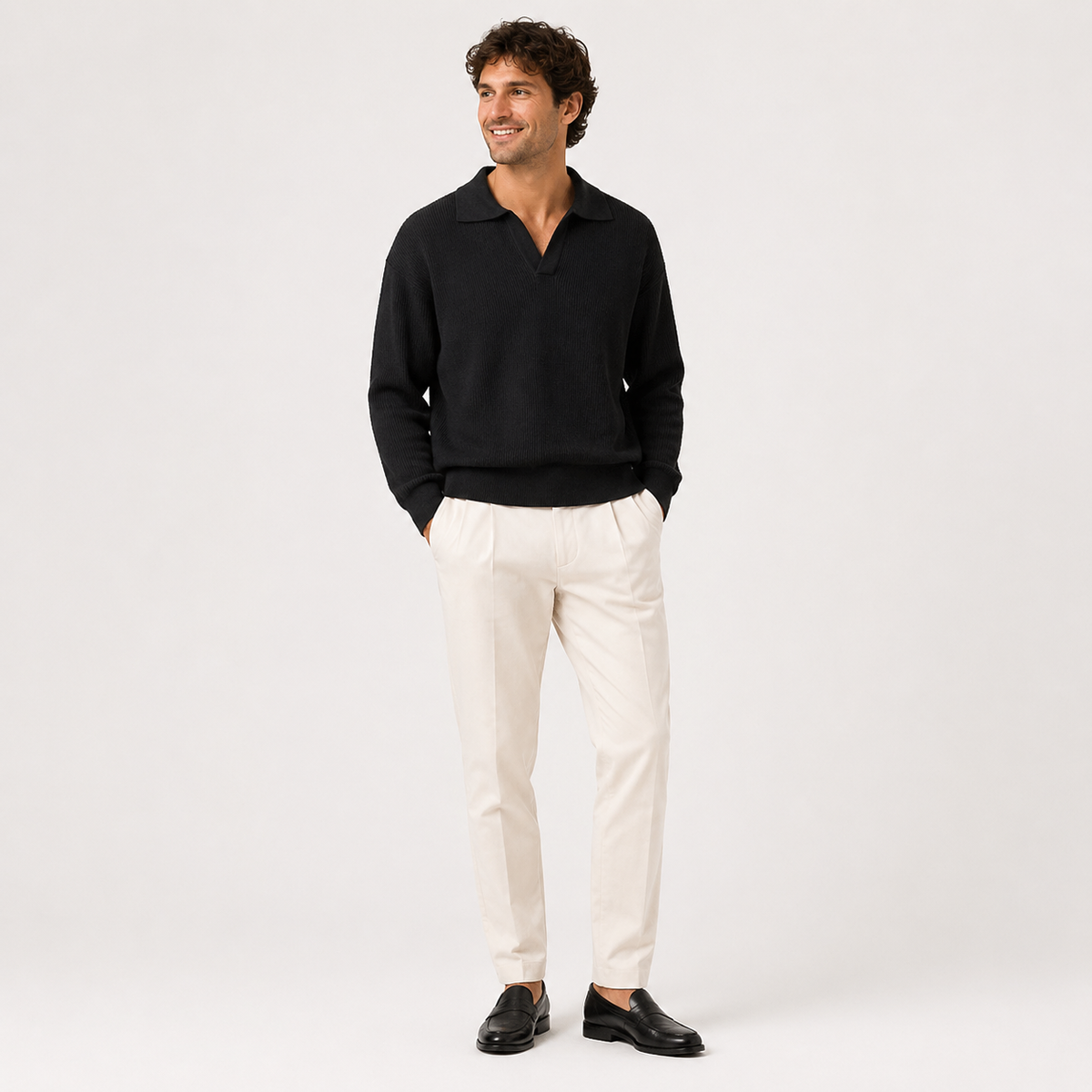 Men's textured knit polo sweater with open V-neck collar and long sleeves
