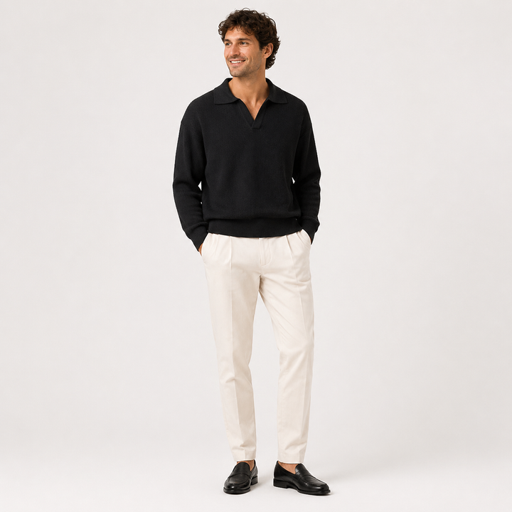 Men's textured knit polo sweater with open V-neck collar and long sleeves