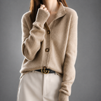 Women's button front cardigan with stand collar and ribbed cuffs