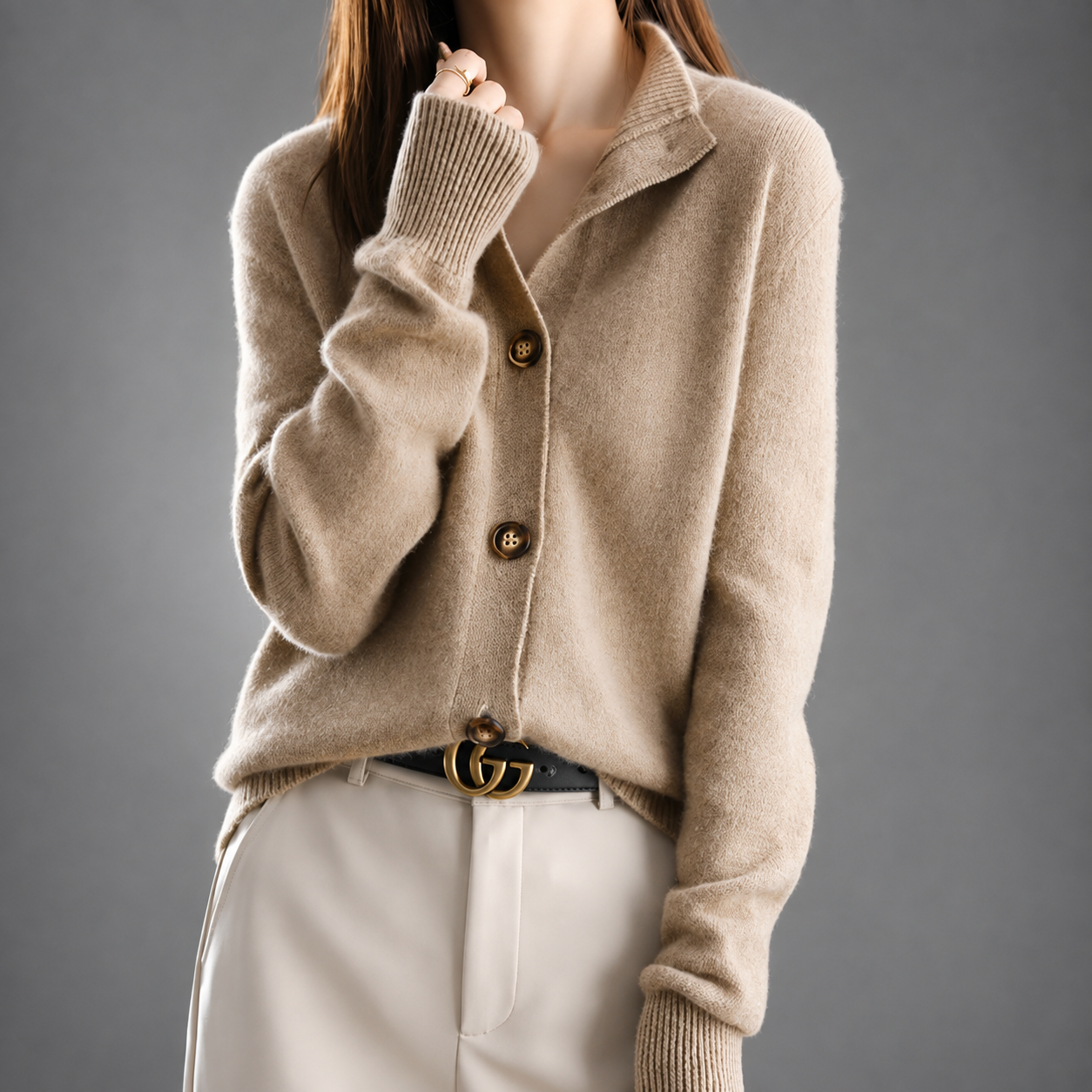 Women's button front cardigan with stand collar and ribbed cuffs