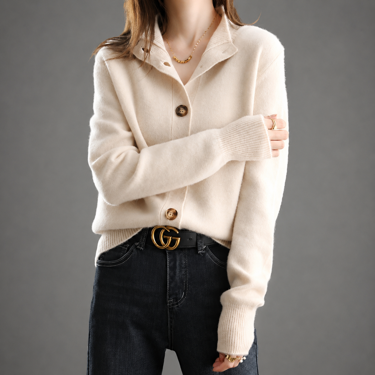 Women's button front cardigan with stand collar and ribbed cuffs