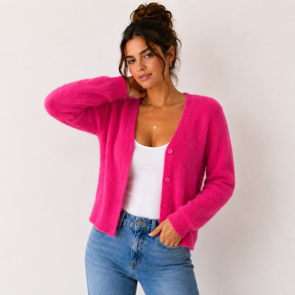 Women's fuzzy V-neck cardigan with button front and long sleeves
