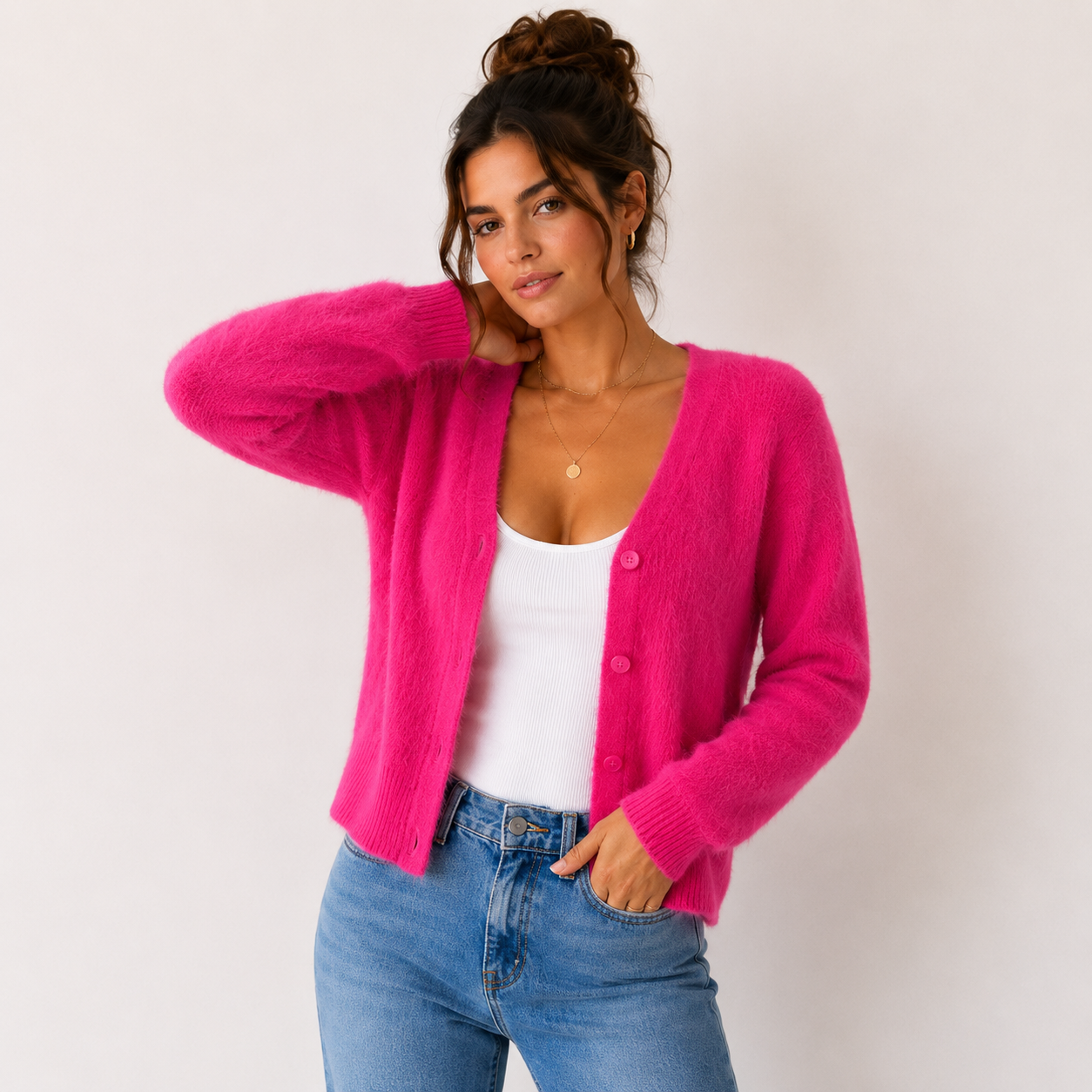 Women's fuzzy V-neck cardigan with button front and long sleeves