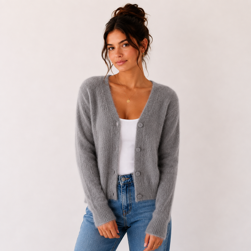 Women's fuzzy V-neck cardigan with button front and long sleeves