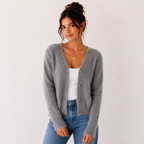 Women's fuzzy V-neck cardigan with button front and long sleeves