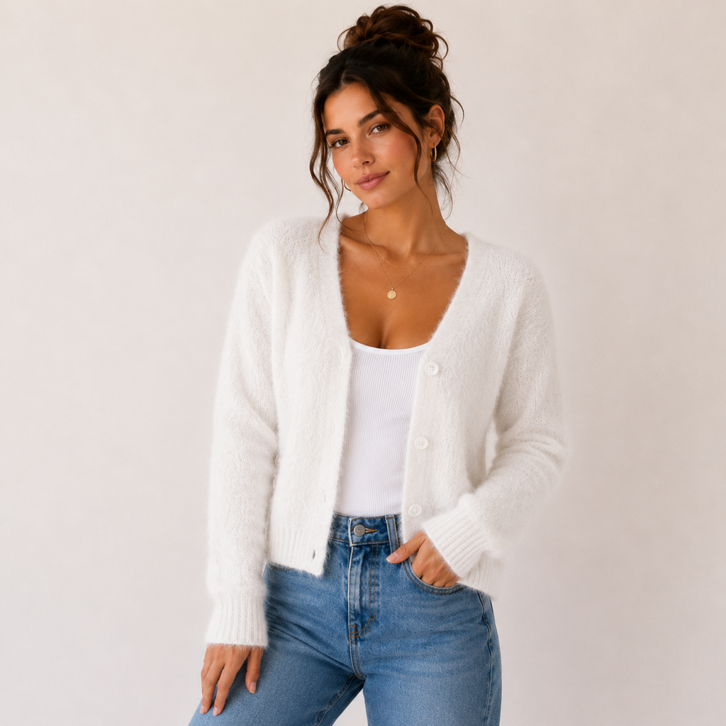Women's fuzzy V-neck cardigan with button front and long sleeves