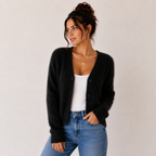 Women's fuzzy V-neck cardigan with button front and long sleeves