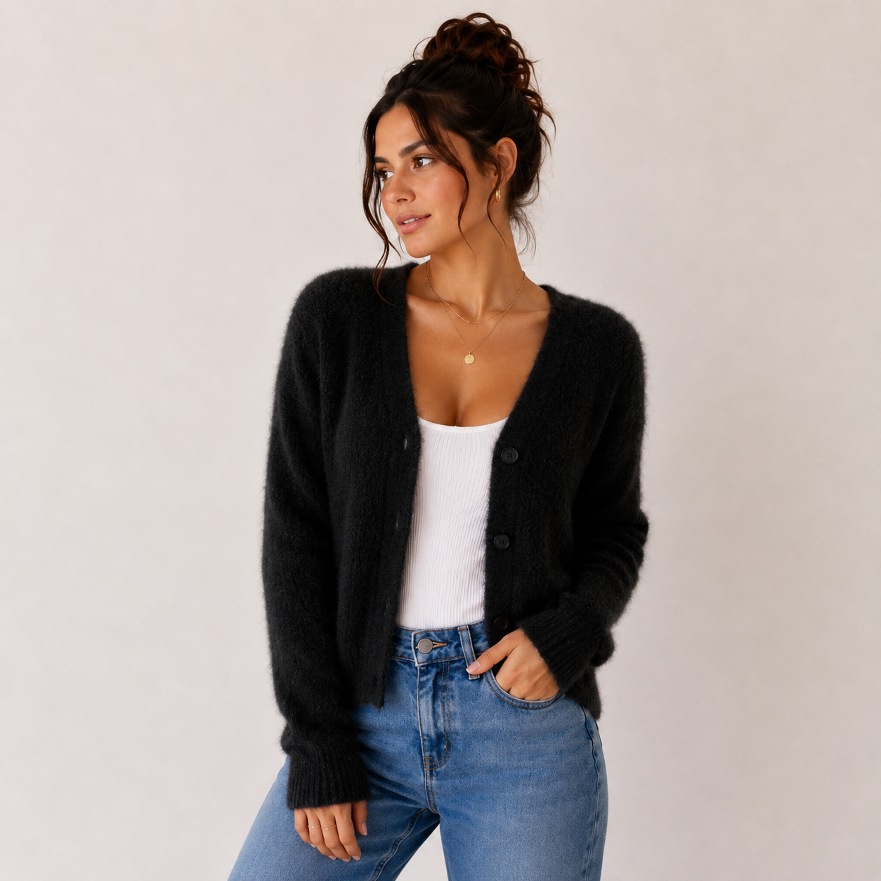 Women's fuzzy V-neck cardigan with button front and long sleeves