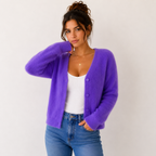 Women's fuzzy V-neck cardigan with button front and long sleeves