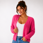 Women's fuzzy V-neck cardigan with button front and long sleeves