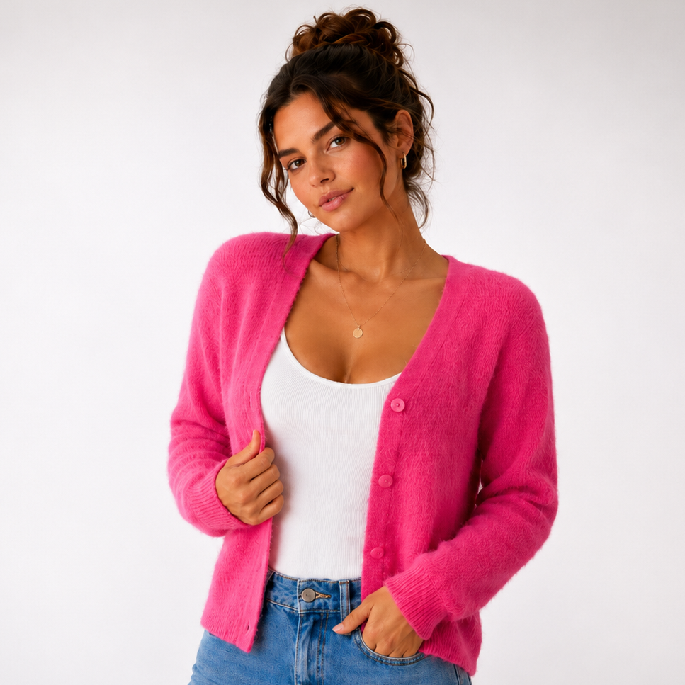 Women's fuzzy V-neck cardigan with button front and long sleeves