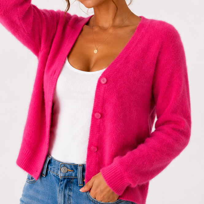 Women's fuzzy V-neck cardigan with button front and long sleeves