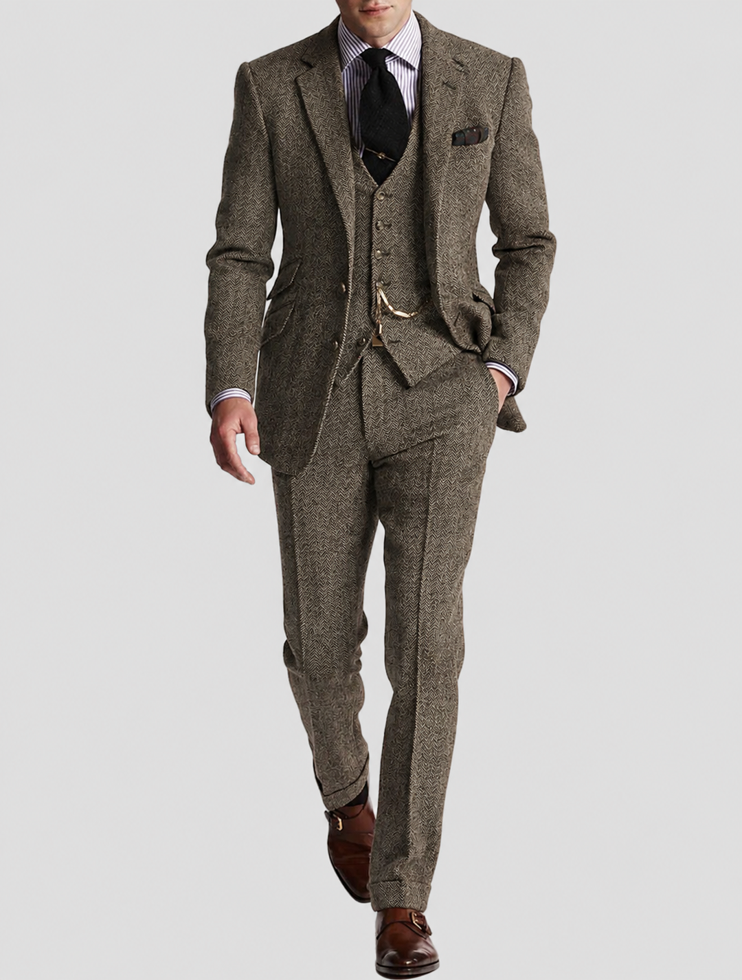 Men's brown tweed three-piece suit with waistcoat and pocket watch chain