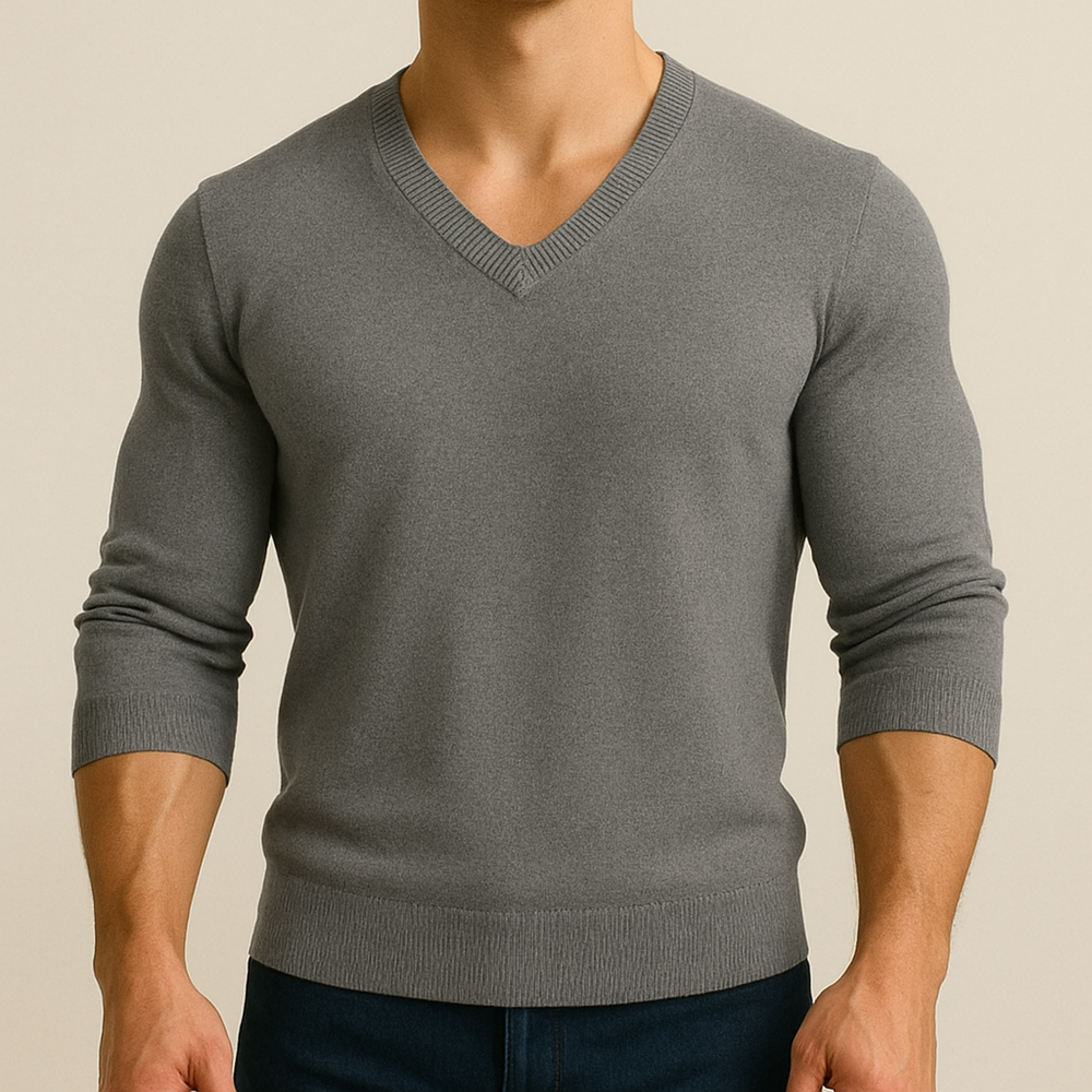 Men's plain V-neck knit jumper with long sleeves and ribbed trims
