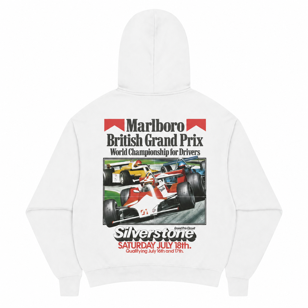 White hoodie with Silverstone racing graphics on the front and back