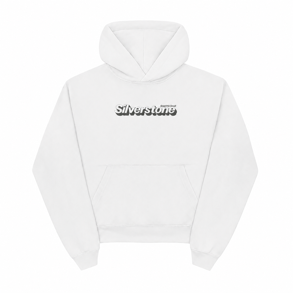 White hoodie with Silverstone racing graphics on the front and back