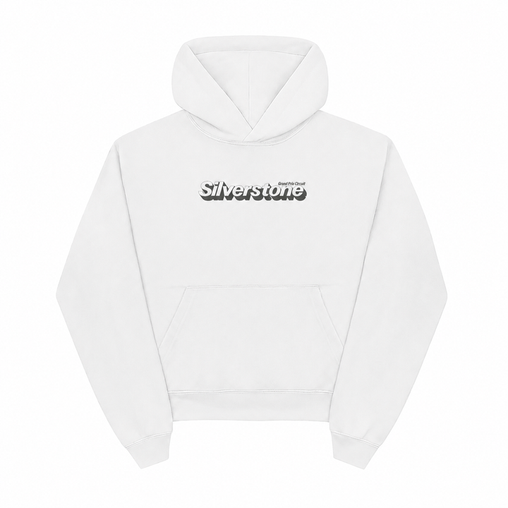 White hoodie with Silverstone racing graphics on the front and back