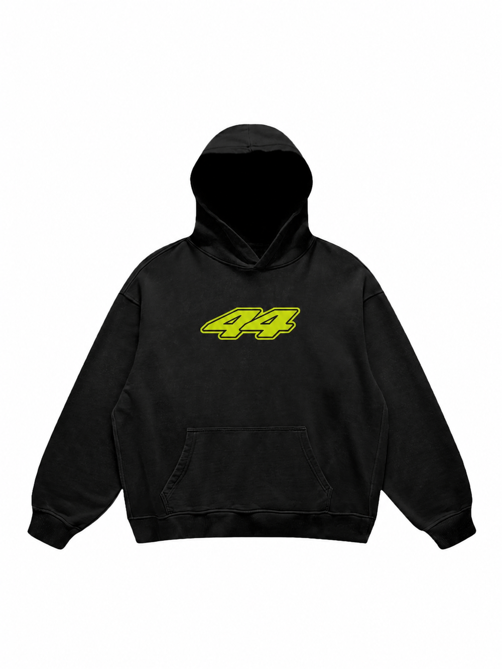 Men's black hoodie with yellow 43 front graphic and blurred racing back print