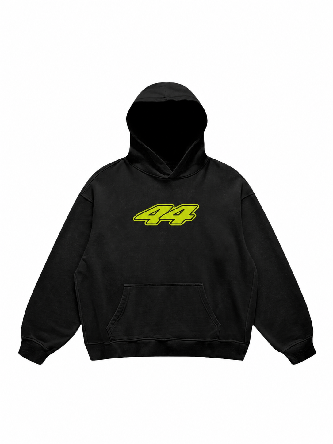 Men's black hoodie with yellow 43 front graphic and blurred racing back print