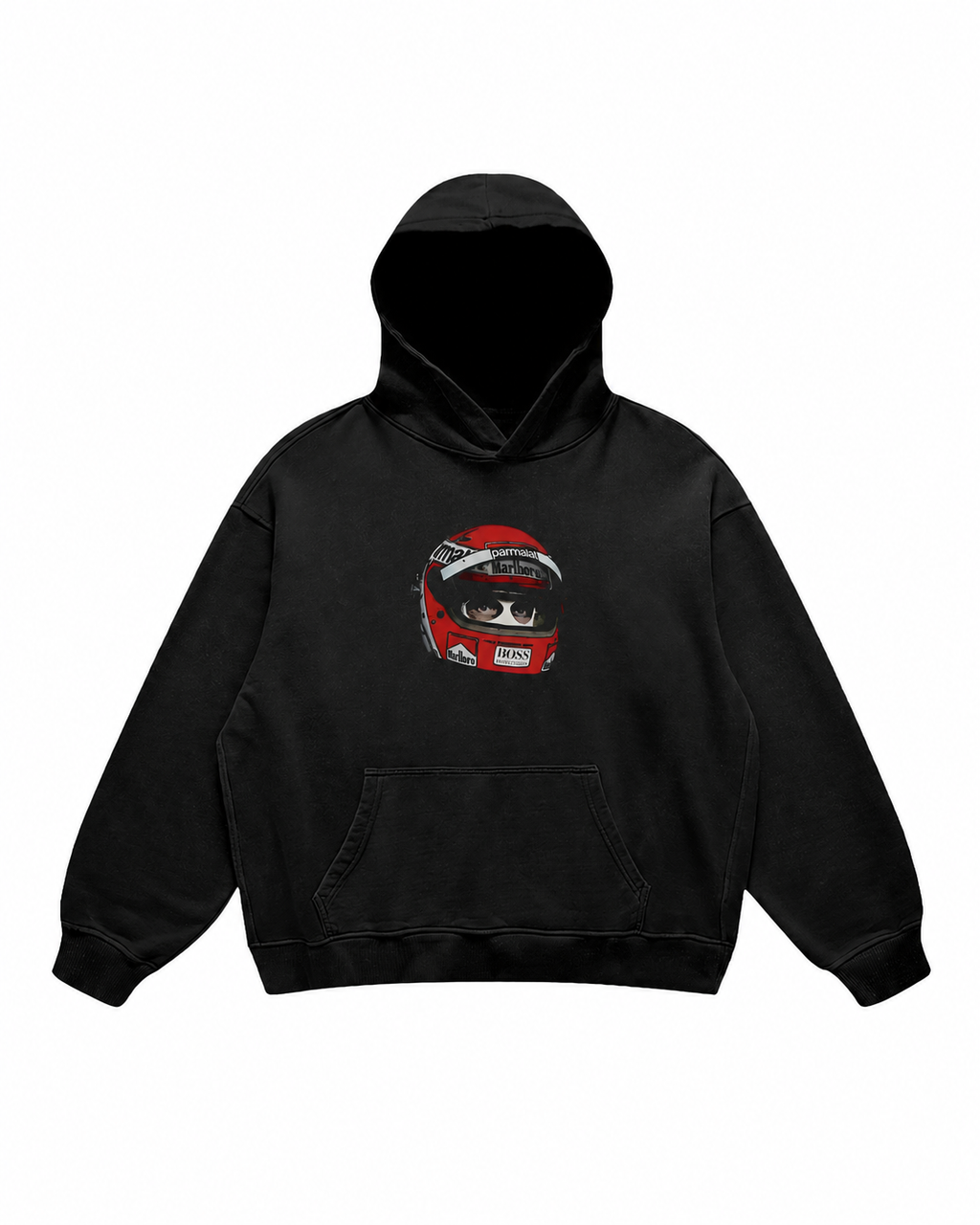 Black hoodie with helmet graphic, hood and kangaroo pocket