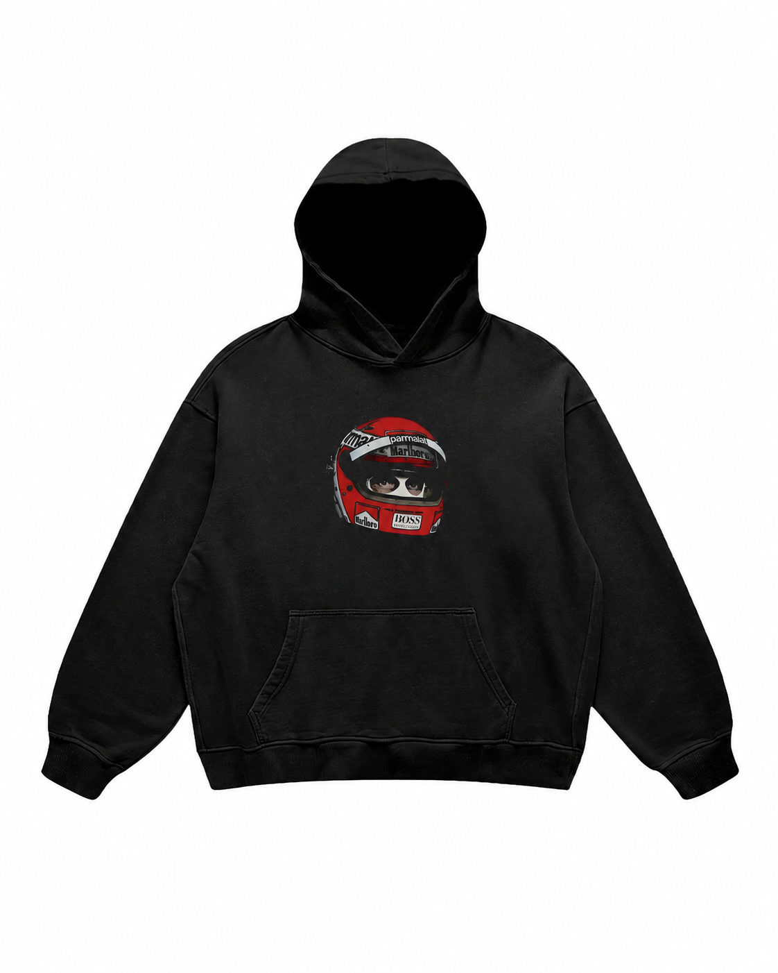 Black hoodie with helmet graphic, hood and kangaroo pocket