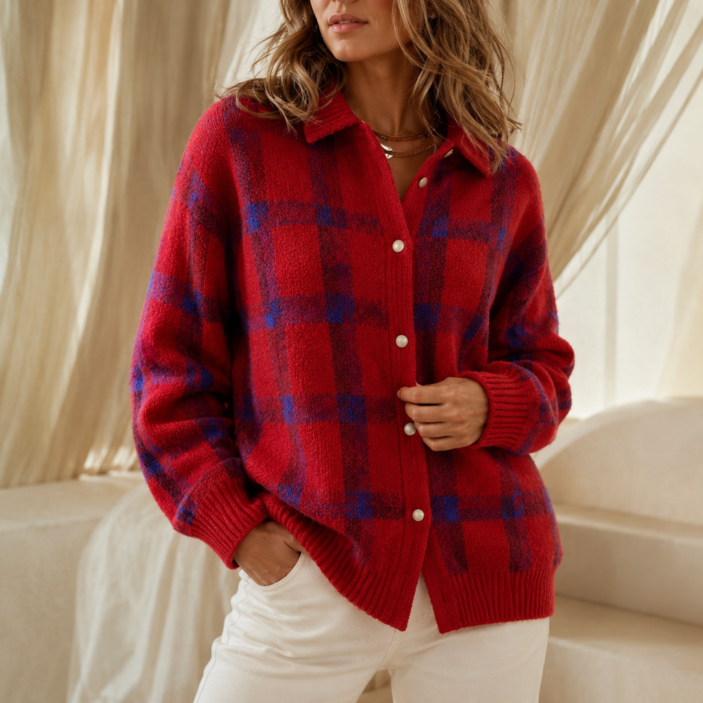 Women's oversized plaid cardigan with pointed collar, button front and long sleeves