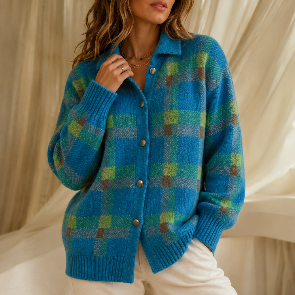 Women's oversized plaid cardigan with pointed collar, button front and long sleeves