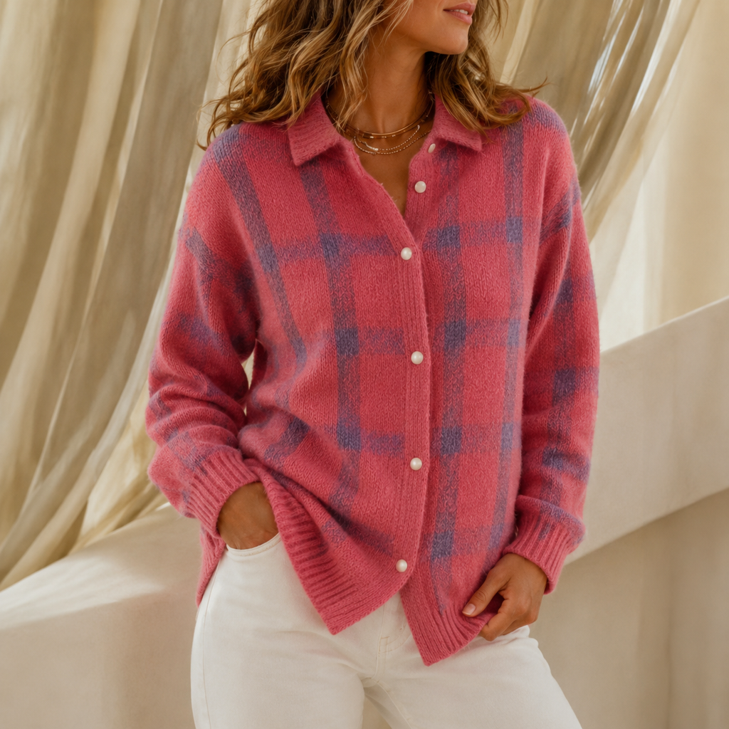Women's oversized plaid cardigan with pointed collar, button front and long sleeves