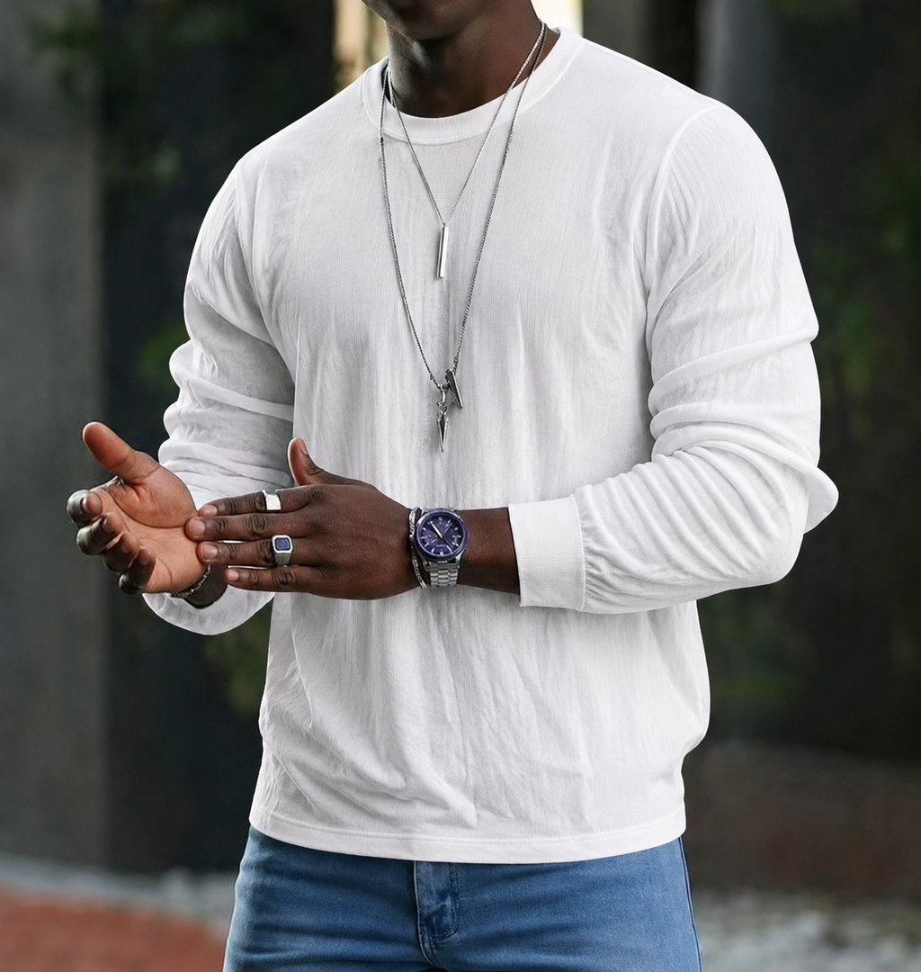 Men's textured knit sweater with crew neckline and long sleeves