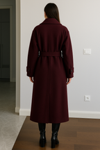 Women's burgundy double-breasted trench coat with belt and long sleeves