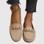 Women's slip-on moc toe loafers with chain trim