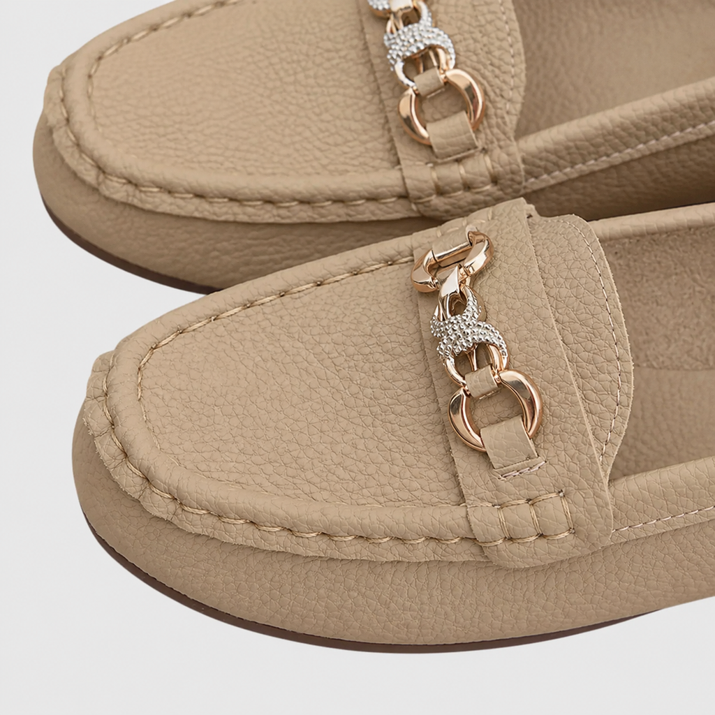 Women's slip-on moc toe loafers with chain trim