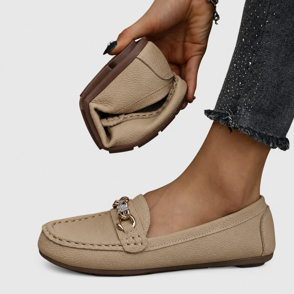 Women's slip-on moc toe loafers with chain trim