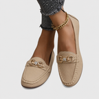 Women's slip-on moc toe loafers with chain trim
