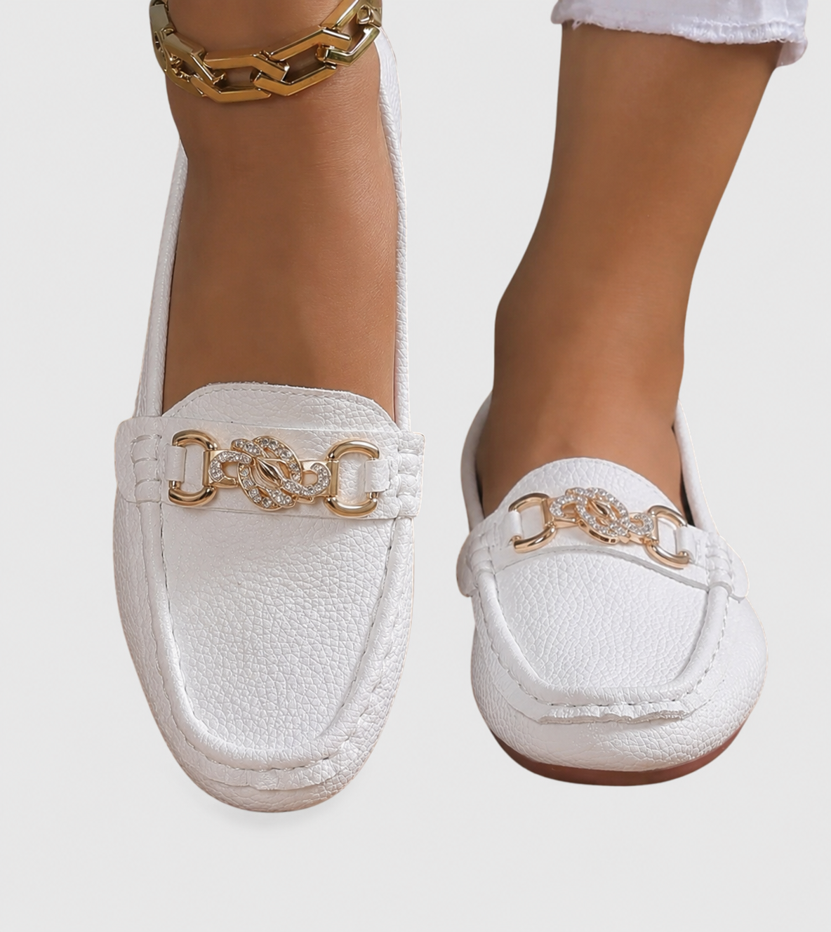 Women's slip-on moc toe loafers with chain trim