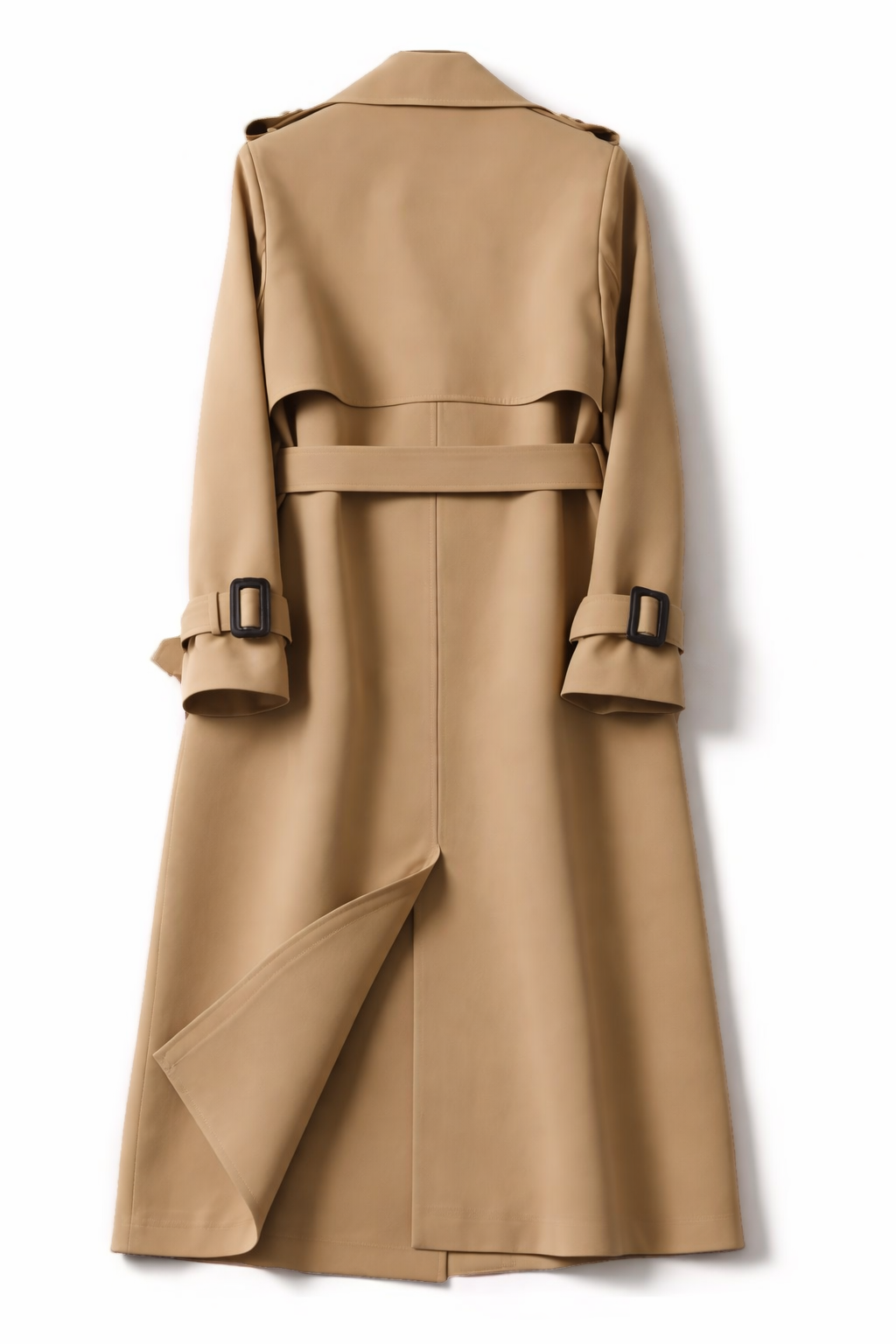 Women's long belted double-breasted trench coat with wide collar and cuff straps