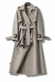 Women's long belted double-breasted trench coat with wide collar and cuff straps