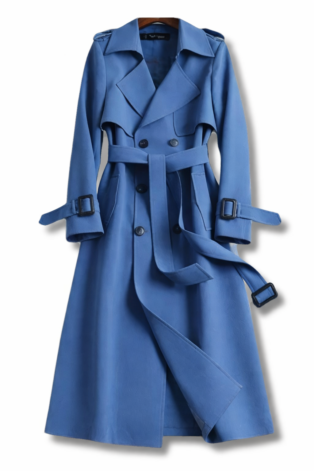 Women's long belted double-breasted trench coat with wide collar and cuff straps