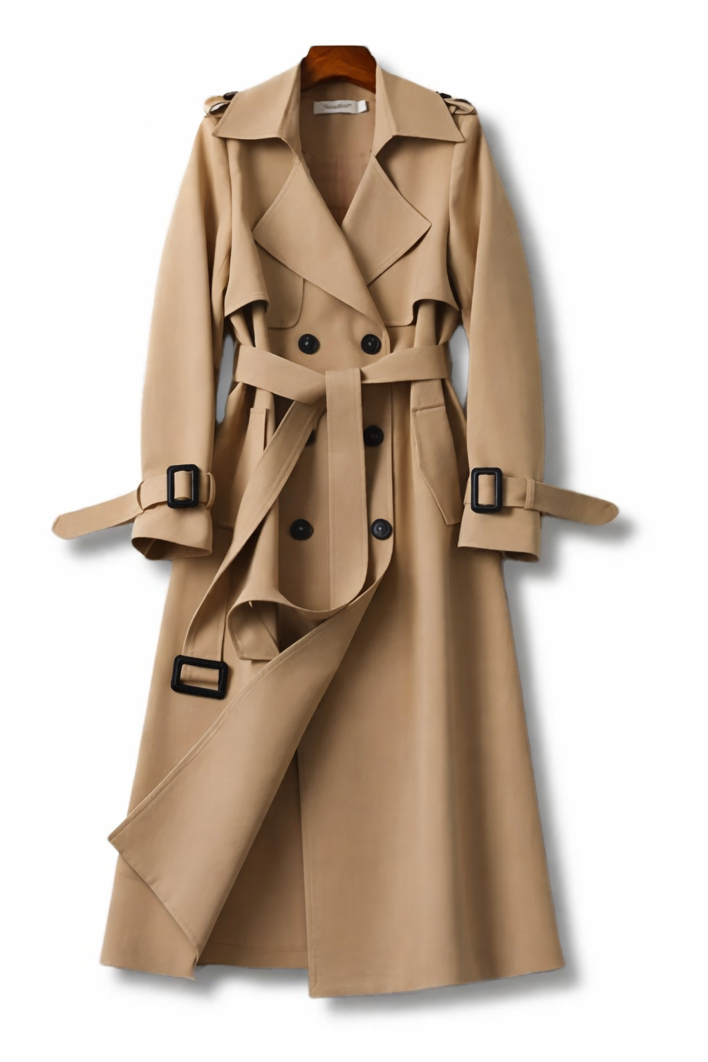 Women's long belted double-breasted trench coat with wide collar and cuff straps