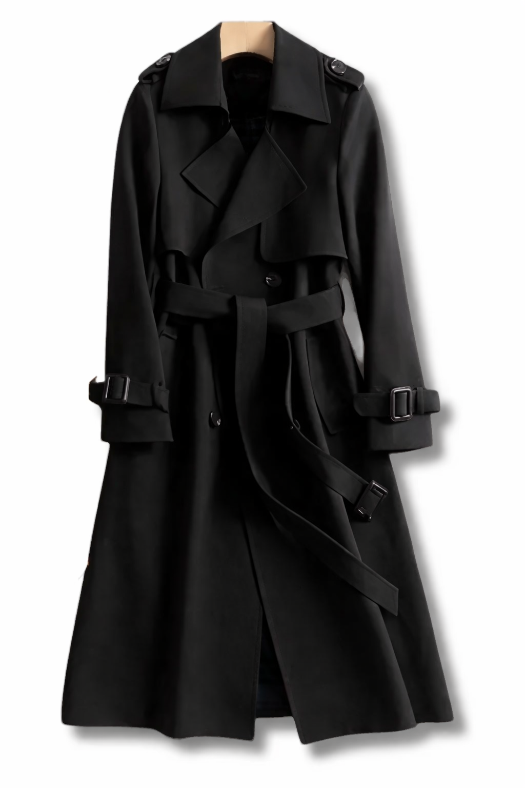Women's long belted double-breasted trench coat with wide collar and cuff straps