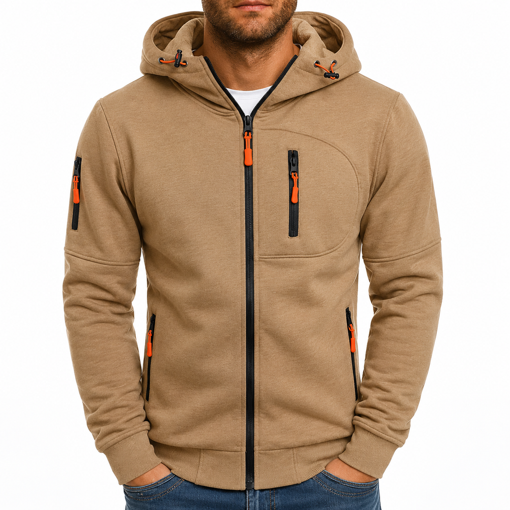 Men's hooded zip hoodie with long sleeves and zipped pockets