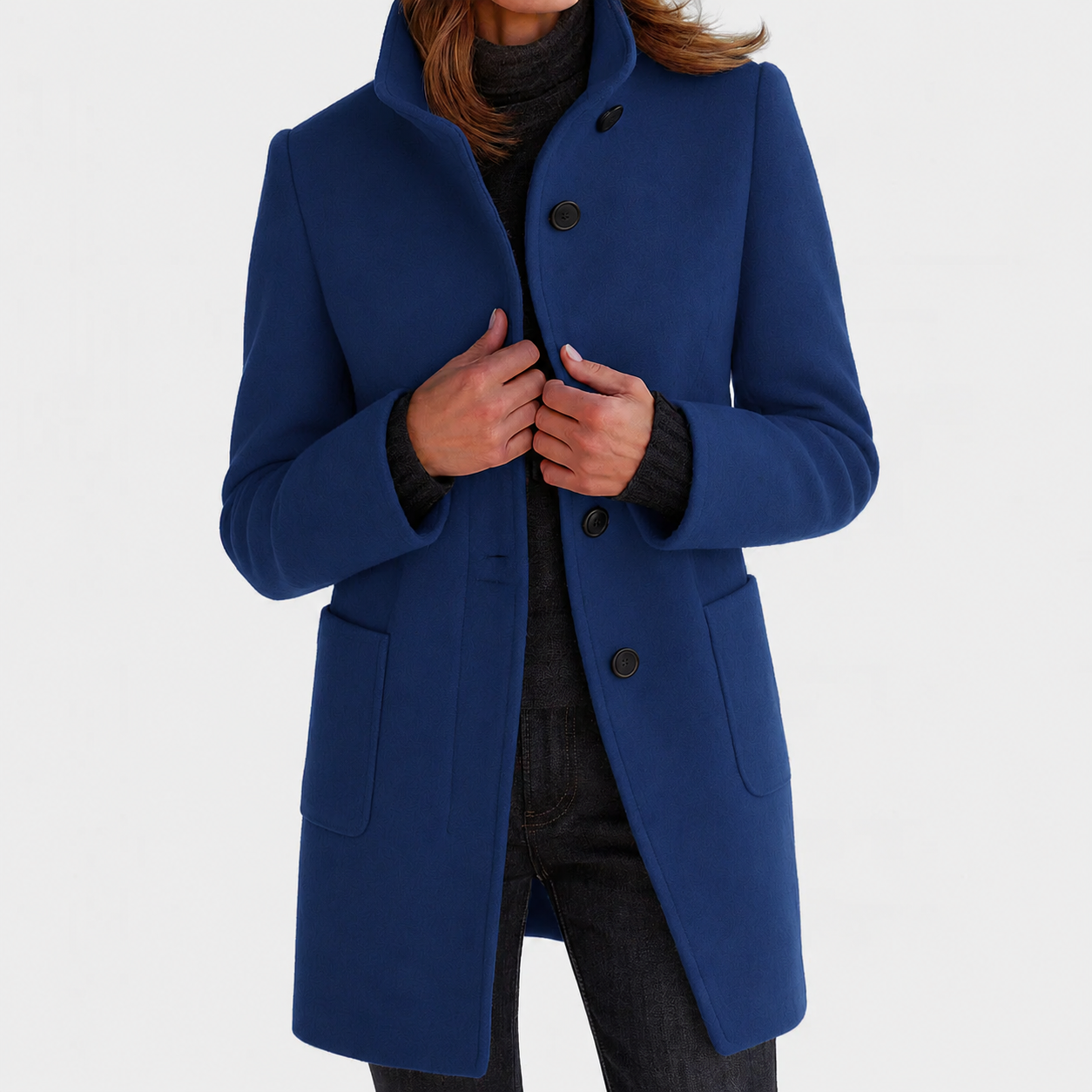 Women's mid-length button front coat with stand collar and patch pockets
